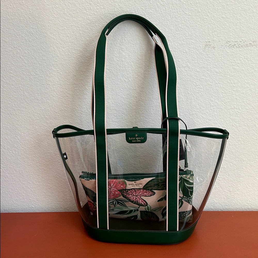 Kate Spade Clear Green Trim Tote with Floral Pouch